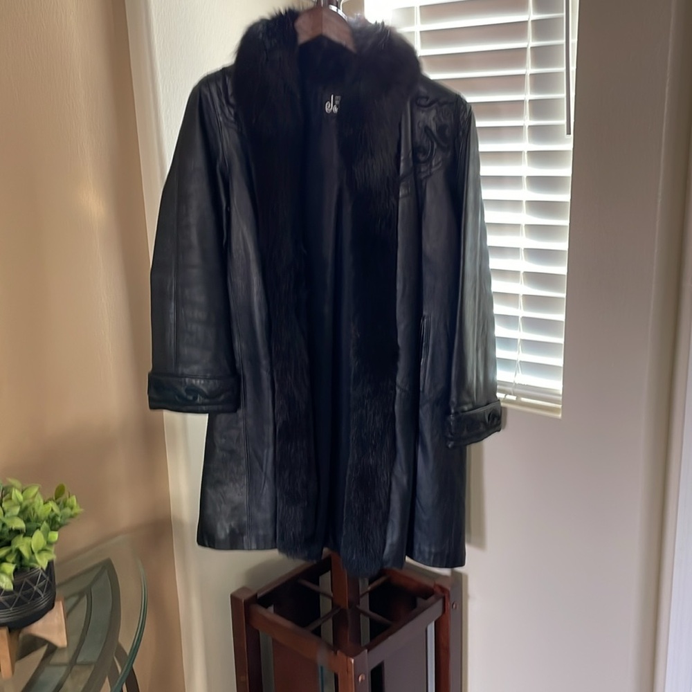 Janucci genuine leather and fur coat black Large